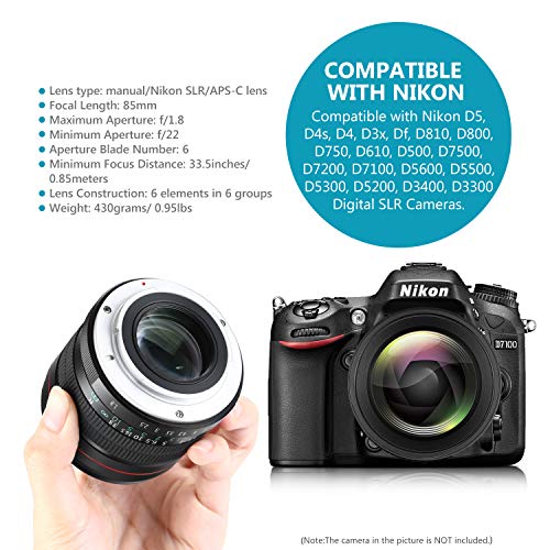 Neewer 85mm f/1.8 Lente Retrato Telefoto Asférica para Cámaras DSLR Nikon D5 D4S DF D4 D810 D800 D750 D7200 D7100 D7000 D5500 D5300 D5200 D3400 D3100,Enfoque Manual Cristal HD