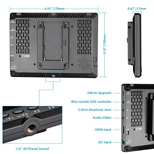 Neewer F100 7" 1280x800 IPS Pantalla Monitor de Campo de Cámara Soporte 4k Entrada Video HDMI para DSLR Cámara sin Espejo SONY A7S II A6500 Panasonic GH5 Canon 5D Mark IV y más (Batería no incluida)