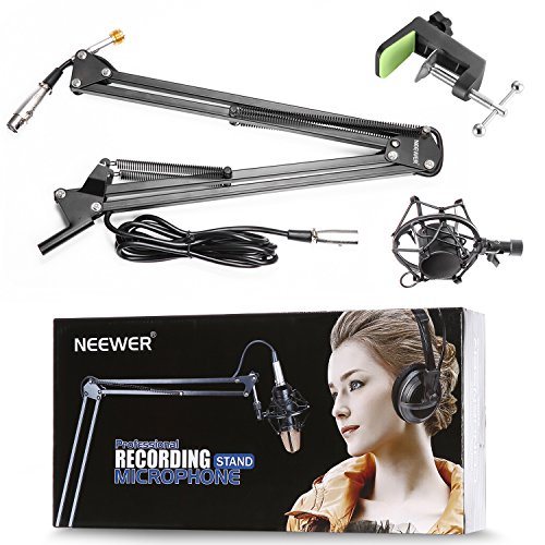 Neewer Pack de NW-35 Soporte de micrófono de brazo suspensión de tijera con montaje de cable de XLR macho a hembra, soporte de metal, montaje de mesa abrazadera y filtro Pop