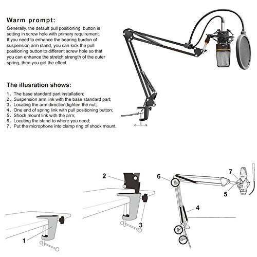 Neewer Pack de NW-35 Soporte de micrófono de brazo suspensión de tijera con montaje de cable de XLR macho a hembra, soporte de metal, montaje de mesa abrazadera y filtro Pop