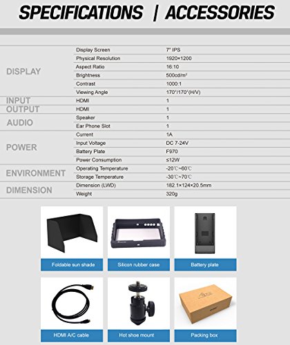 Negro Lilliput A7S 7 Pulgadas 1920x1200 IPS HD Camera Field Monitor Campo 4K HDMI Input Output DSLR Camera A7 A7R A7S III GH5 GH5s 5D IV 7D 80D D810 Ronin S