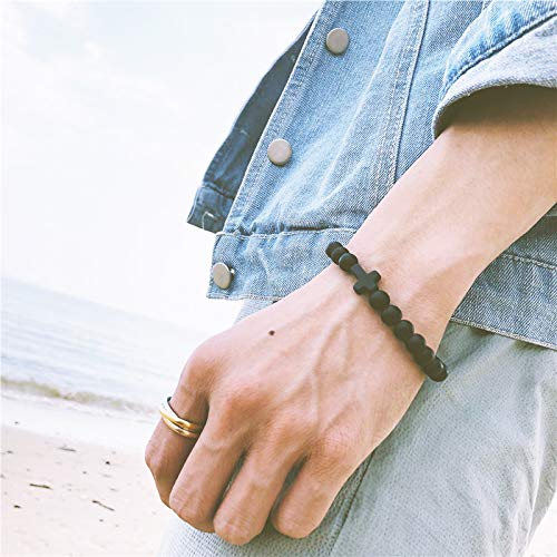 Negro Natural Piedra Volcánica Hombres Pulsera con Mancuernas Gato Garra Fitness Casual Brazalete Joyería Cruz Religiosa Meditación Pulseras