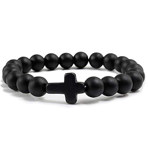 Negro Natural Piedra Volcánica Hombres Pulsera con Mancuernas Gato Garra Fitness Casual Brazalete Joyería Cruz Religiosa Meditación Pulseras