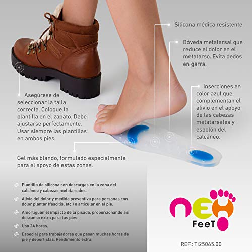 Neh Feet TI25065/1 - Plantilla Anatómicade Silicona con Descarga Metatarsal y Calcáneo, EU 37-38 transparente y Azul