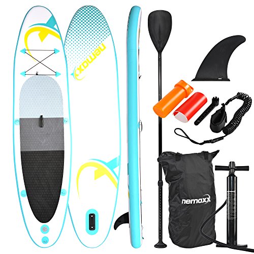 Nemaxx Tabla de paddel Surf Sup 320x78x15 cm, Turquesa/Amarillo - Tabla de Paddle Board - Tabla de Surf - Hinchable con Mochila, remos, Aletas, Bomba de Aire, Kit de reparación, Correa para pie.