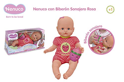 Nenuco- Muñeco Bebé con Biberón Sonajero y Pijama Rosa, para niños a partir de 1 año (Famosa 700014920)