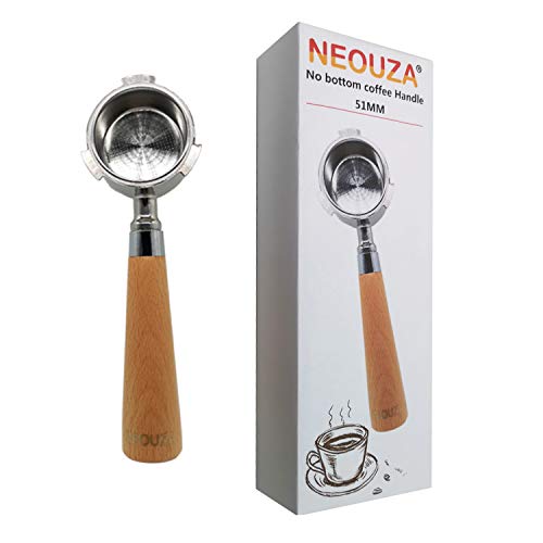 NEOUZA Portafiltro de café espresso sin fondo, 51 mm, para máquina de café DeLonghi EC680/EC685, sin soporte de filtro, cesta de filtro de taza de acero inoxidable, mango de madera para café