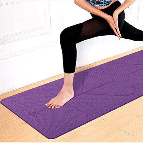 Nerplro - Esterilla de yoga, elastómero termoplástico TPE, con líneas para colocación, antideslizante, para principiantes, gimnasia, color morado, tamaño 183 * 61 * 0.6cm