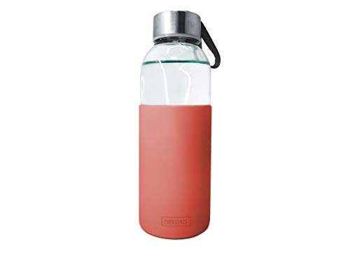 NERTHUS FIH 395 Botella de cristal 400ml, Antideslizante Silicona, color coral 0.4 litros, Vidrio