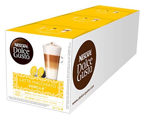 NESCAFÉ Dolce Gusto Café Latte Macchiato Vainilla, Pack de 3 x 16 Cápsulas - Total: 48 Cápsulas de Café