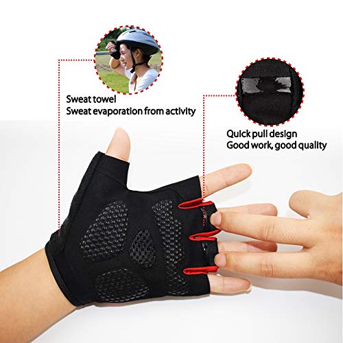 Nesirooh Guantes de MTB Hombre y Mujer, Guantes de Ciclismo Medio Dedos Verano para Moto Bicicleta Bici Gimnasio Hombres Antideslizante Transpirable (Negro Rojo, M)