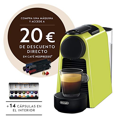 Nespresso De'Longhi Essenza Mini EN85.L - Cafetera monodosis de cápsulas Nespresso, compacta, 19 bares, apagado automático, color lima, 1, Incluye pack de bienvenida con 14 cápsulas