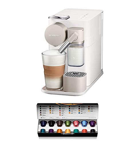 Nespresso De'Longhi Lattissima One EN500W-Cafetera monodosis de cápsulas Nespresso con depósito de leche compacto, 19 bares, apagado automático color blanco, Incluye pack de bienvenida con 14 cápsulas