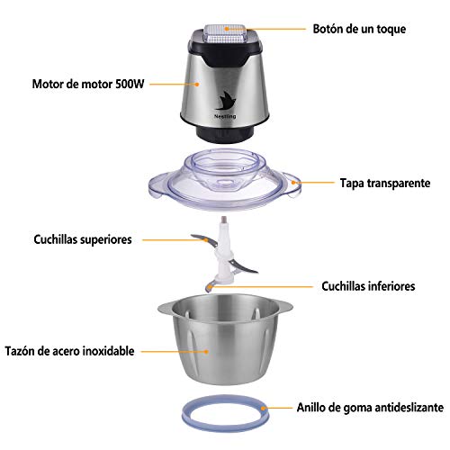 Nestling Picadora eléctrica de 600W, con 4 cuchillas afiladas y tazón de acero inoxidable de 1.2L, picadora de cocina para carne, verduras,cebolla y frutas