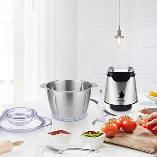 Nestling Picadora eléctrica de 600W, con 4 cuchillas afiladas y tazón de acero inoxidable de 1.2L, picadora de cocina para carne, verduras,cebolla y frutas