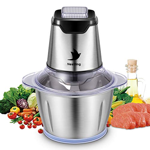 Nestling Picadora eléctrica de 600W, con 4 cuchillas afiladas y tazón de acero inoxidable de 1.2L, picadora de cocina para carne, verduras,cebolla y frutas