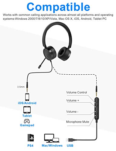 New Bee Auriculares Micrófono PC Auriculares Telefono USB/3.5mm Cancelación de Ruido & Sonido estéreo Claro Cascos Business para Skype Softphone Centros de Llamadas Cursos Online