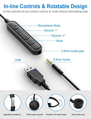 New Bee Auriculares Micrófono PC Auriculares Telefono USB/3.5mm Cancelación de Ruido & Sonido estéreo Claro Cascos Business para Skype Softphone Centros de Llamadas Cursos Online