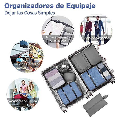 Newdora 8 en 1 Set de Organizador de Equipaje Viaje con Bolsa de Zapato,Impermeable Organizador de Maleta Bolsa para Ropa Sucia de Viaje, Portatrajes de Viaje, Material Nylon