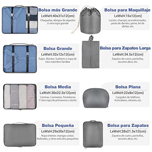 Newdora 8 en 1 Set de Organizador de Equipaje Viaje con Bolsa de Zapato,Impermeable Organizador de Maleta Bolsa para Ropa Sucia de Viaje, Portatrajes de Viaje, Material Nylon