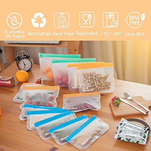 Newdora Bolsas de Silicona Reutilizables 12 Pack, Bolsas Congelar Reutilizables para Almacenamiento de Alimentos, Bolsas de conservación, Bolsas Reutilizables para Fruta Sándwiches Verduras, Sin BPA