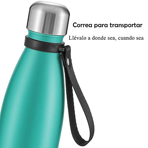 Newdora Botella de Agua Acero Inoxidable 500ml, Aislamiento de Vacío de Doble Pared, Botellas de Frío/Caliente, con 1 un Cepillo de Limpieza, para Niños, Deporte, Oficina, Gimnasio, Ciclismo, Verde