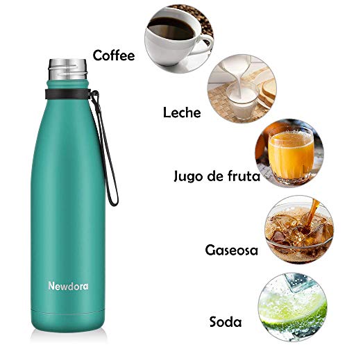 Newdora Botella de Agua Acero Inoxidable 500ml, Aislamiento de Vacío de Doble Pared, Botellas de Frío/Caliente, con 1 un Cepillo de Limpieza, para Niños, Deporte, Oficina, Gimnasio, Ciclismo, Verde