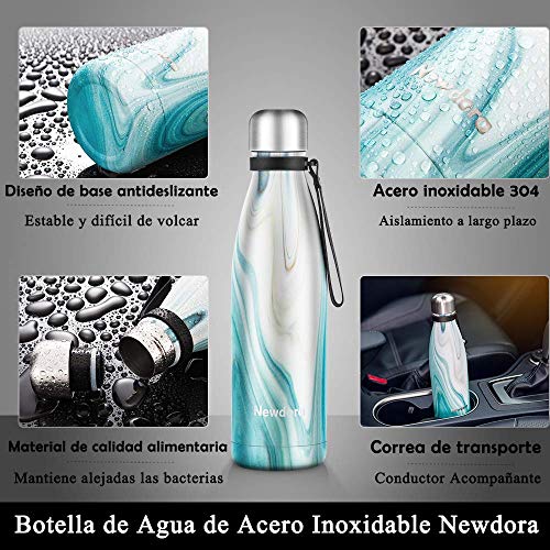 Newdora Botella de Agua Acero Inoxidable 500ml, Aislamiento de Vacío de Doble Pared, Botellas de Frío/Caliente, con 1 un Cepillo de Limpieza, para Niños, Deporte, Oficina, Gimnasio, Ciclismo