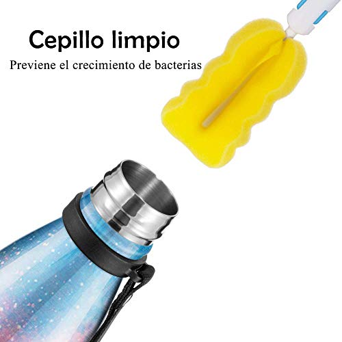 Newdora Botella de Agua Acero Inoxidable 500ml, Aislamiento de Vacío de Doble Pared, Botellas de Frío/Caliente, con 1 un Cepillo de Limpieza, para Niños, Deporte, Oficina, Gimnasio, Ciclismo