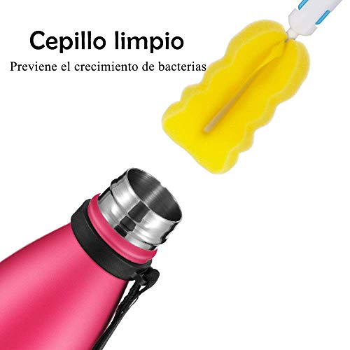 Newdora Botella de Agua Acero Inoxidable 500ml, Aislamiento de Vacío de Doble Pared, Botellas de Frío/Caliente, con 1 un Cepillo de Limpieza, para Niños, Deporte, Oficina, Gimnasio, Ciclismo, Rosa