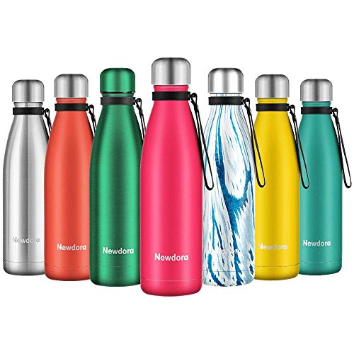 Newdora Botella de Agua Acero Inoxidable 500ml, Aislamiento de Vacío de Doble Pared, Botellas de Frío/Caliente, con 1 un Cepillo de Limpieza, para Niños, Deporte, Oficina, Gimnasio, Ciclismo, Rosa