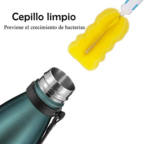 Newdora Botella de Agua Acero Inoxidable 500ml, Aislamiento de Vacío de Doble Pared, Botellas de Frío/Caliente, con 1 un Cepillo de Limpieza, para Niños, Deporte, Oficina, Gimnasio, Ciclismo