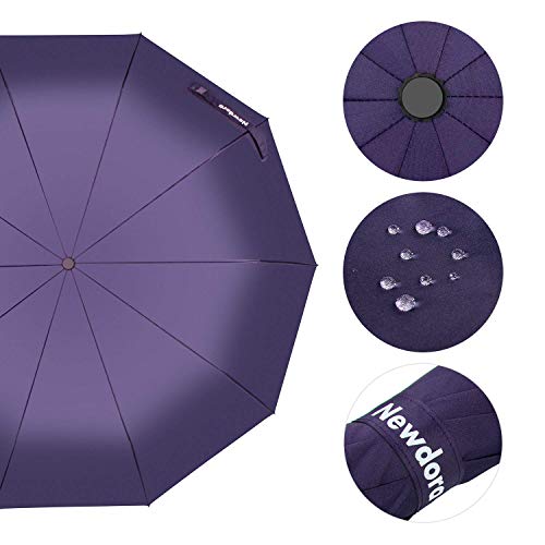 Newdora Paraguas Plegable Automático Impermeable 10 Armazones de Metal Compacto Resistencia contra Viento para Viaje para Hombres y Mujeres (Morado)