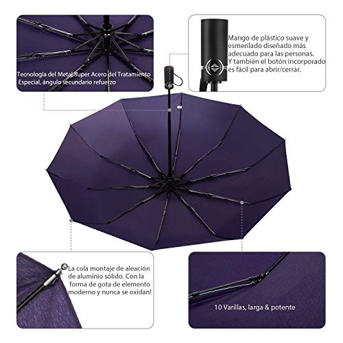 Newdora Paraguas Plegable Automático Impermeable 10 Armazones de Metal Compacto Resistencia contra Viento para Viaje para Hombres y Mujeres (Morado)