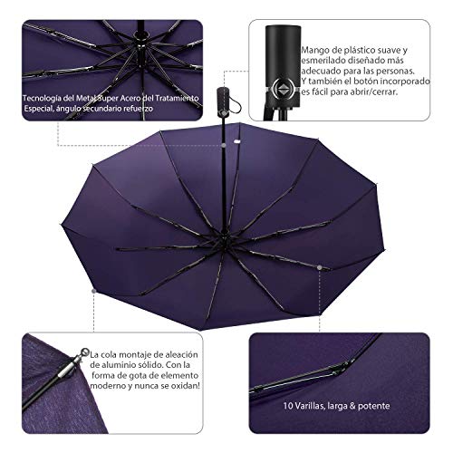 Newdora Paraguas Plegable Automático Impermeable 10 Armazones de Metal Compacto Resistencia contra Viento para Viaje para Hombres y Mujeres (Morado) Newdora Paraguas Plegable Automático Impermeable 10 Armazones de Metal Compacto Resistencia contra Viento para Viaje para Hombres y Mujeres (Morado)