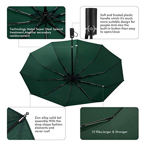 Newdora Paraguas Plegable Automático Impermeable 10 Armazones de Metal Compacto Resistencia contra Viento para Viaje para Hombres y Mujeres (Verde)