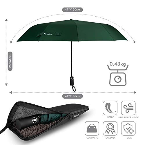 Newdora Paraguas Plegable Automático Impermeable 10 Armazones de Metal Compacto Resistencia contra Viento para Viaje para Hombres y Mujeres (Verde) Newdora Paraguas Plegable Automático Impermeable 10 Armazones de Metal Compacto Resistencia contra Viento para Viaje para Hombres y Mujeres (Verde)