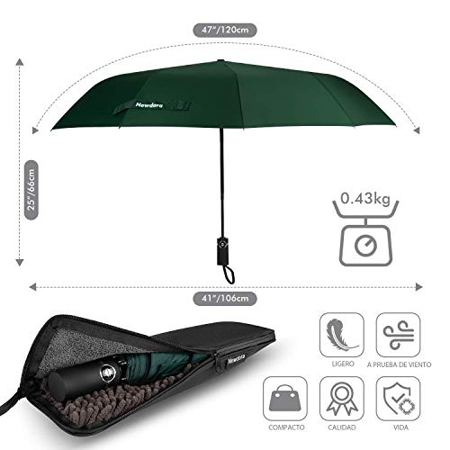 Newdora Paraguas Plegable Automático Impermeable 10 Armazones de Metal Compacto Resistencia contra Viento para Viaje para Hombres y Mujeres (Verde)