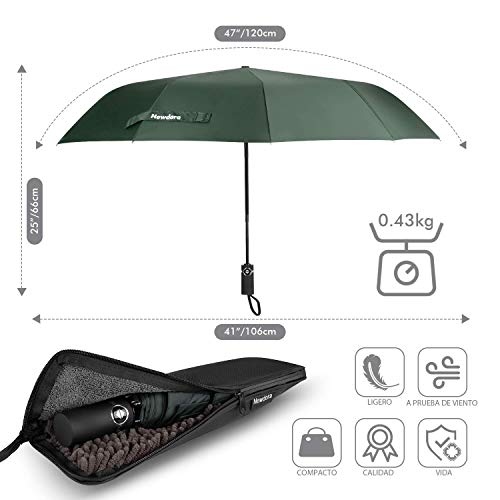 Newdora Paraguas Plegable Automático Impermeable 10 Armazones de Metal Compacto Resistencia contra Viento para Viaje para Hombres y Mujeres (Verde Claro)