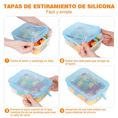 Newdora Tapas de Silicona Elásticas Reutilizables, 13 Piezas (7 Redondas y 6 Cuadradas) Tapas Silicona Ajustables Cocina, para Lavavajillas, Microondas, Horno o Refrigerador, Sin BPA