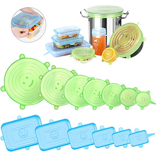 Newdora Tapas de Silicona Elásticas Reutilizables, 13 Piezas (7 Redondas y 6 Cuadradas) Tapas Silicona Ajustables Cocina, para Lavavajillas, Microondas, Horno o Refrigerador, Sin BPA