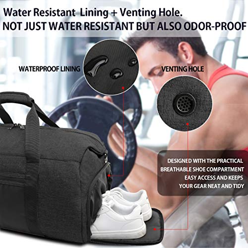 NEWHEY Bolsa de Deporte Hombre Bolsas Gimnasio con Compartimento para Zapatos Bolsos de Viaje Grande Bolsos Deportivos Impermeable Bolsa Fin de Semana Travel Duffle Bag para Mujer Negro 40L