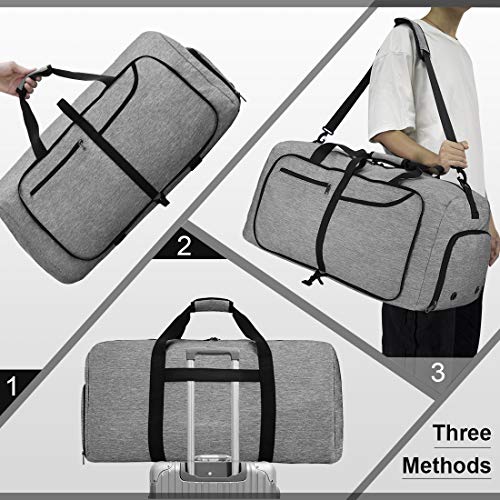 NEWHEY Bolsa de Viaje 65L Plegable Ligera Bolsa Deporte Hombre Impermeable Bolsa Fin de Semana con Compartimento Zapatos para Mujeres Gris