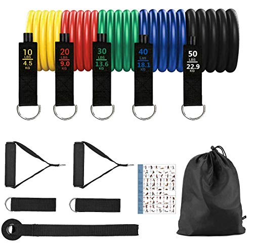 Newlemo Bandas Elasticas Musculacion, Gomas Elasticas Fitness 12 PCS - 5 Gomas Elasticas Musculacion, 2 Manijas, 2 Correas para Tobillos, Anclaje para Puerta, Adecuado para Gimnasio en Casa