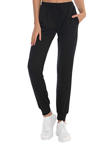 NewPI Pantalones Deportivos Mujer Pantalon Jogging Largos 100% Algodón Primavera Verano Pantalón de Chándal con Bolsilpara Running,Yoga,Fitness,Pilates,Jogger. (Negro-2, S)