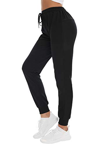 NewPI Pantalones Deportivos Mujer Pantalon Jogging Largos 100% Algodón Primavera Verano Pantalón de Chándal con Bolsilpara Running,Yoga,Fitness,Pilates,Jogger. (Negro-2, S)