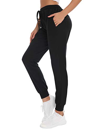 NewPI Pantalones Deportivos Mujer Pantalon Jogging Largos 100% Algodón Primavera Verano Pantalón de Chándal con Bolsilpara Running,Yoga,Fitness,Pilates,Jogger. (Negro-2, S)