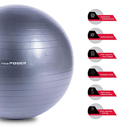 NEWPOWER - Pelota de Ejercicio Fitball 55cm, Anti-pinchazos y Antideslizante. Fabricada en PVC. Ideal como Pelota de Yoga Resistente para Equilibrio y Entrenamiento. Balón de Gimnasio Fácil de Hinchar