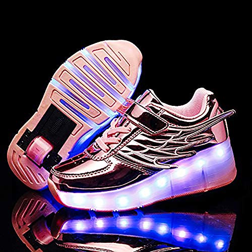 NHAO Rodillo Led Intermitente De La Rueda del Patín Zapatos Recargable USB Zapatos del Deporte Al Aire Patines Cruzados Zapatillas De Deporte De Las Alas del Ángel,Rosado,38