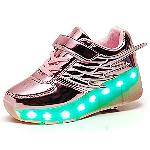 NHAO Rodillo Led Intermitente De La Rueda del Patín Zapatos Recargable USB Zapatos del Deporte Al Aire Patines Cruzados Zapatillas De Deporte De Las Alas del Ángel,Rosado,38